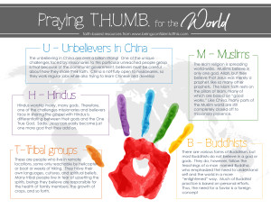 Use this #freeprintable to encourage your #family to #pray for the world's largest unreached people groups! Teach your children the importance of global missions right from your own home. T.H.U.M.B method of praying |Being Confident of This | teaching kids to pray | teaching kids missions | missional family | missions-minded family |praying family | Christian women | Christian parenting | raising godly kids