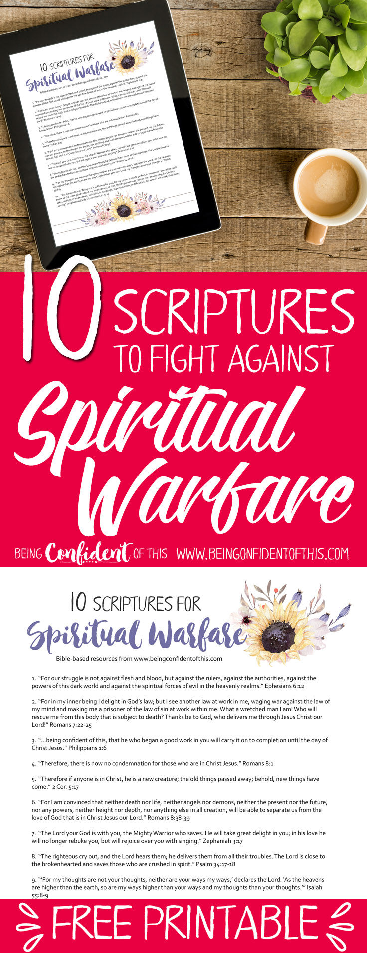Use these Bible verses to fight back when you experience spiritual warfare. Hang this free printable in a highly visible area as a constant reminder to use your Spiritual Armor! Bible verses|spiritual warfare|fighter verses|encouraging scripture|faith-based resources for women|christian women|free printables| Bible study |devotionals | help for discouraged women |work-in-progress faith