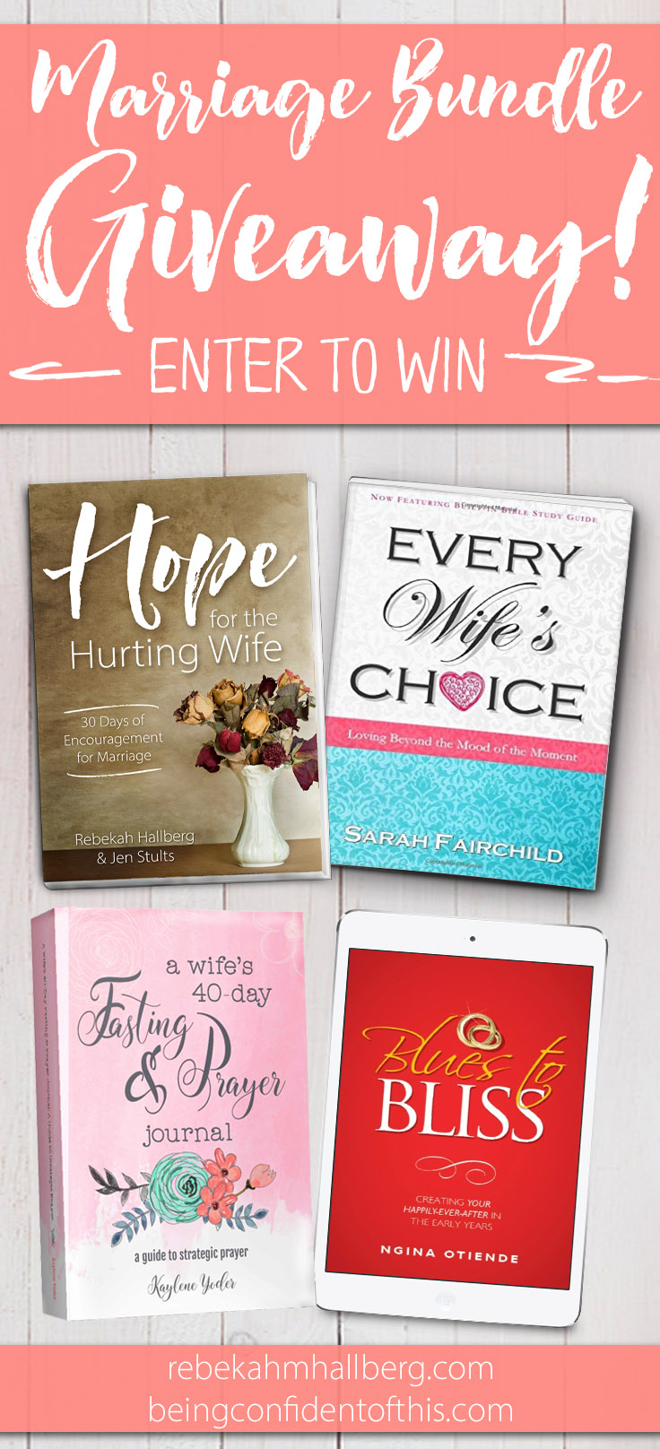 We're celebrating the launch of our new book Hope for the Hurting Wife by giving away a bundle of marriage books! Enter for your chance to win these four books written for wives! marriage books|Christian wife|godly wife|marriage growth|faith|bible studies|devotionals|encouragement for marriage|hope for the  hurting wife|prayer journal